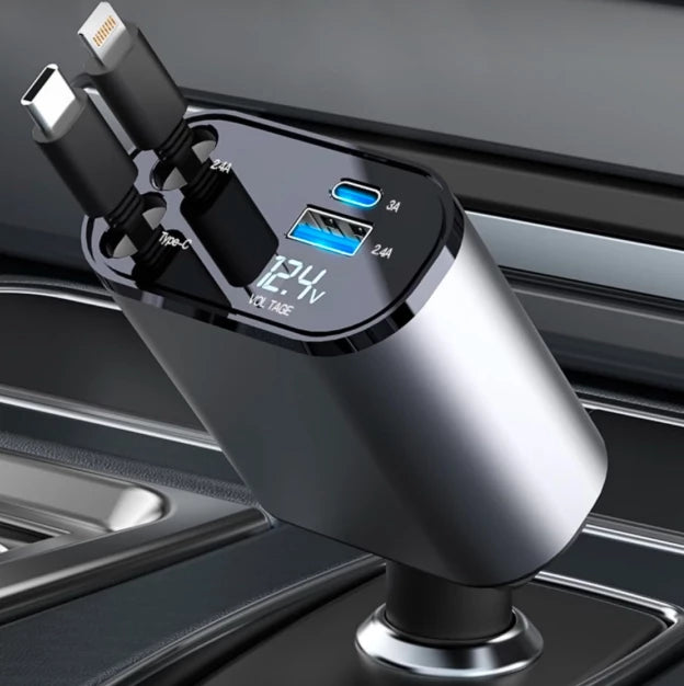4-in-1 Fast Car Charger – Retractable & Flexible Design