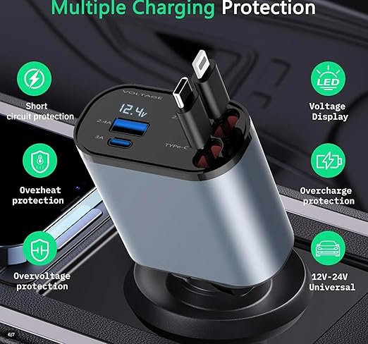 4-in-1 Fast Car Charger – Retractable & Flexible Design