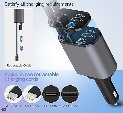 4-in-1 Fast Car Charger – Retractable & Flexible Design